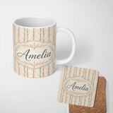 Personalized Custom Name Delicate Bare Trees with Blush Foliage Seamless Pattern Name Cute 11oz Ceramic Coffee Tea Mug White Large Handle
