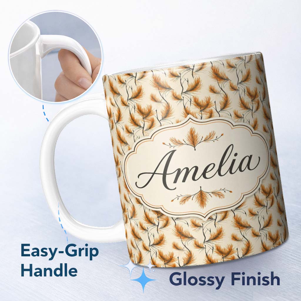 Personalized Custom Name Elegant Orange Pine Needles and Branches Seamless Pattern Custom 11oz Ceramic Coffee Tea Mug White Large Handle