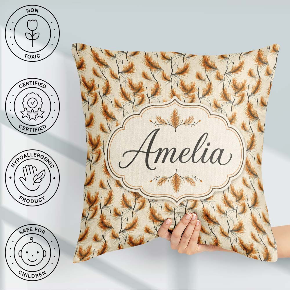 Custom Name Elegant Orange Needles and Branches Seamless Pattern Square Filled Cushion Throw Pillow Sofa Bed Home Decor Zip Washable UK Made
