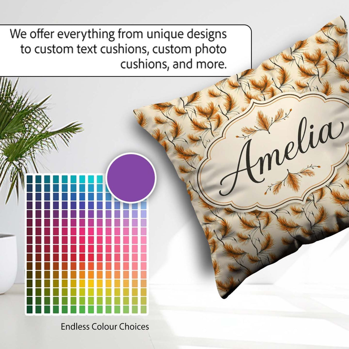 Custom Name Elegant Orange Needles and Branches Seamless Pattern Square Filled Cushion Throw Pillow Sofa Bed Home Decor Zip Washable UK Made