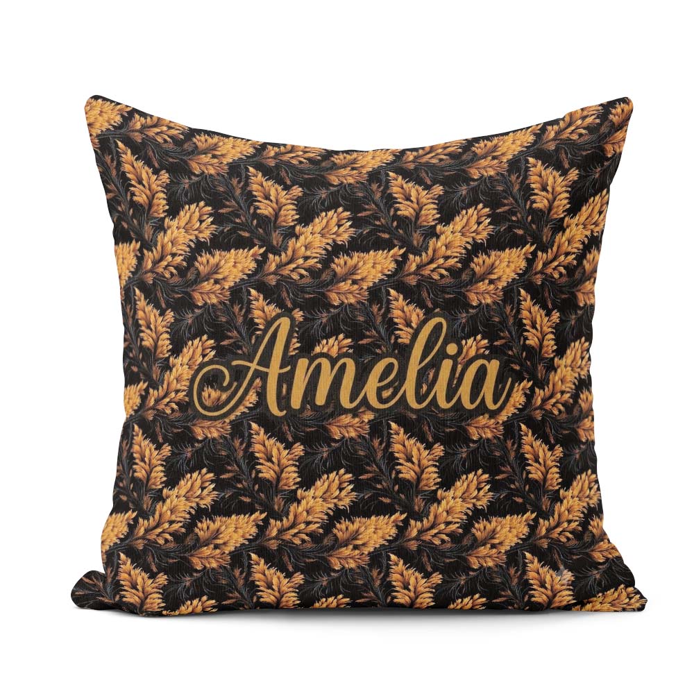 Custom Name Luxurious Golden Foliage on Black Background Pattern Square Filled Cushion Throw Pillow Sofa Bed Home Decor Zip Washable UK Made