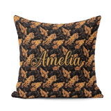 Custom Name Luxurious Golden Foliage on Black Background Pattern Square Filled Cushion Throw Pillow Sofa Bed Home Decor Zip Washable UK Made