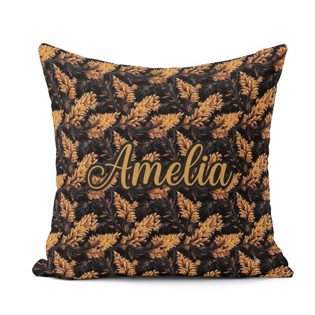 Custom Name Luxurious Golden Foliage on Black Background Pattern Square Filled Cushion Throw Pillow Sofa Bed Home Decor Zip Washable UK Made