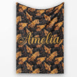 Luxurious Golden Foliage on Black Background Seamless Pattern Name  Personalised Custom Name Super Soft Fleece Blanket Bed Sofa Throw