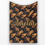 Luxurious Golden Foliage on Black Background Seamless Pattern Name  Personalised Custom Name Super Soft Fleece Blanket Bed Sofa Throw