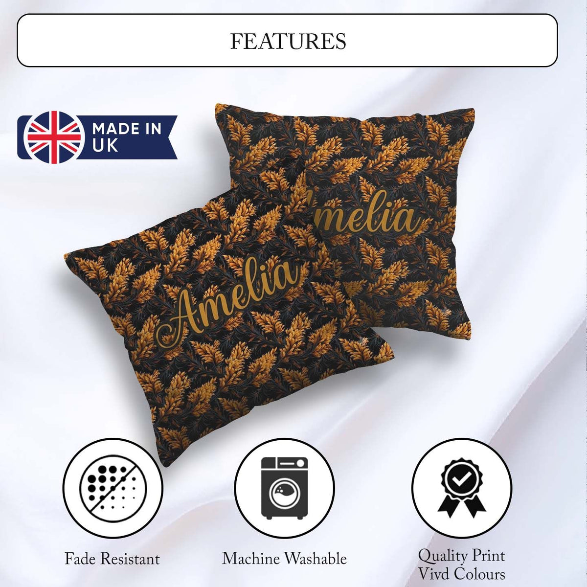 Custom Name Luxurious Golden Foliage on Black Background Pattern Square Filled Cushion Throw Pillow Sofa Bed Home Decor Zip Washable UK Made