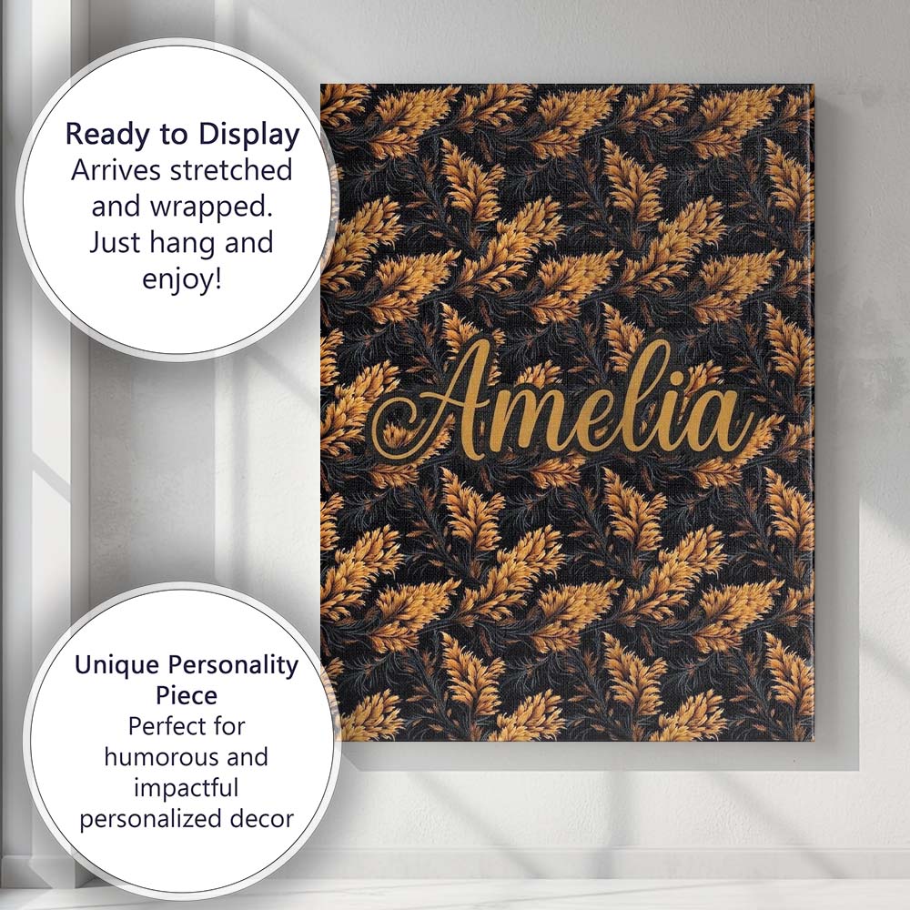 Personalised Name Luxurious Golden Foliage Custom  Unique Gift Idea Elegant Feature Canvas Wall Art Print Decor Picture Ready to Hang