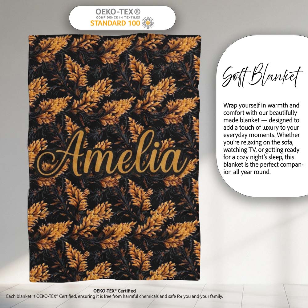 Luxurious Golden Foliage on Black Background Seamless Pattern Name  Personalised Custom Name Super Soft Fleece Blanket Bed Sofa Throw