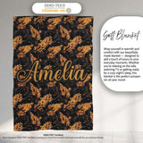 Luxurious Golden Foliage on Black Background Seamless Pattern Name  Personalised Custom Name Super Soft Fleece Blanket Bed Sofa Throw