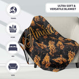 Luxurious Golden Foliage on Black Background Seamless Pattern Name  Personalised Custom Name Super Soft Fleece Blanket Bed Sofa Throw