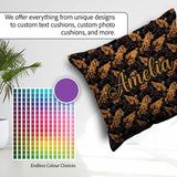 Custom Name Luxurious Golden Foliage on Black Background Pattern Square Filled Cushion Throw Pillow Sofa Bed Home Decor Zip Washable UK Made