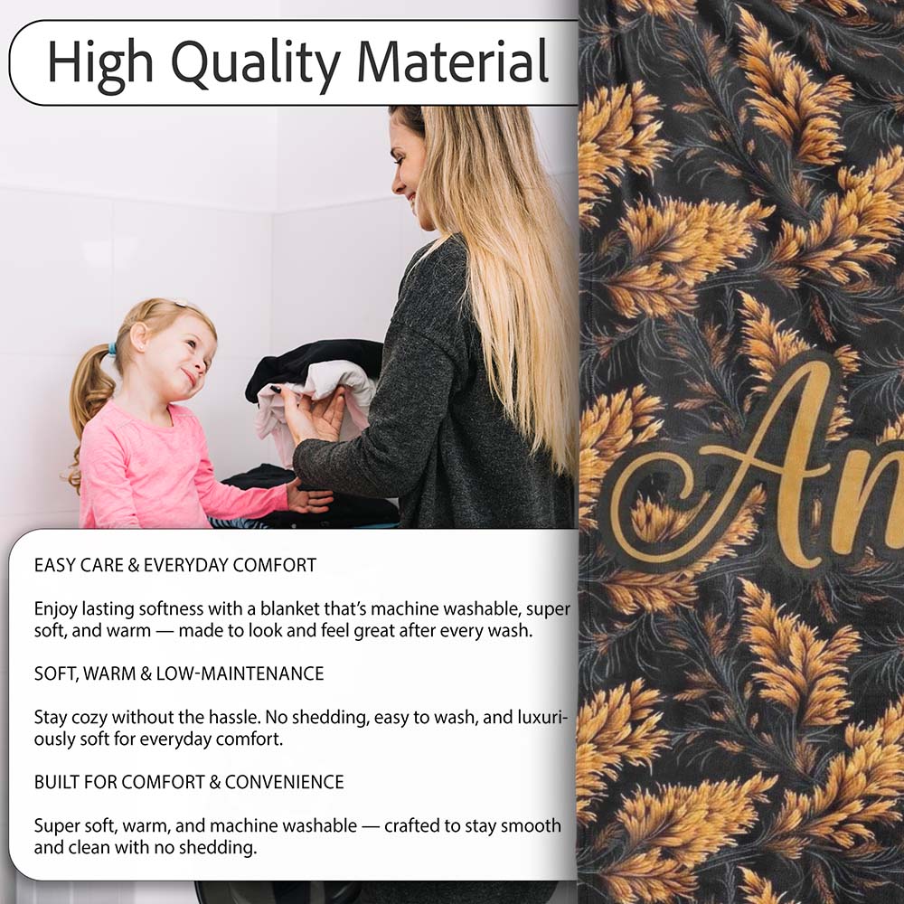 Luxurious Golden Foliage on Black Background Seamless Pattern Name  Personalised Custom Name Super Soft Fleece Blanket Bed Sofa Throw