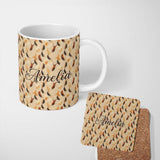 Personalized Custom Name Soft Feather Style Leaves in Warm Autumn Tones Seamless Pattern 11oz Ceramic Coffee Tea Mug White Large Handle