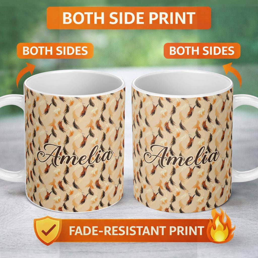 Personalized Custom Name Soft Feather Style Leaves in Warm Autumn Tones Seamless Pattern 11oz Ceramic Coffee Tea Mug White Large Handle