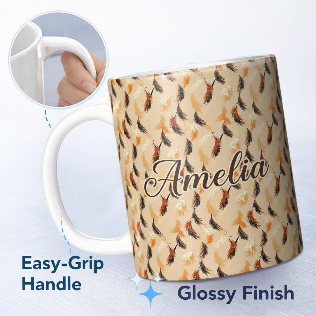 Personalized Custom Name Soft Feather Style Leaves in Warm Autumn Tones Seamless Pattern 11oz Ceramic Coffee Tea Mug White Large Handle