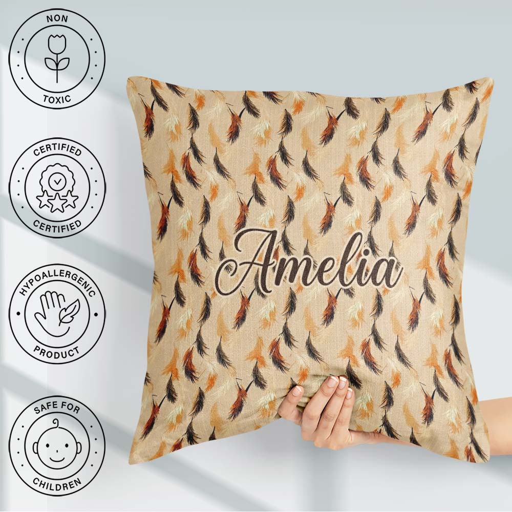 Custom Name Soft Feather Style Leaves Warm Autumn Tones Seamless Square Filled Cushion Throw Pillow Sofa Bed Home Decor Zip Washable UK Made