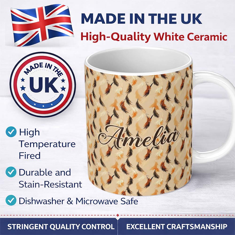 Personalized Custom Name Soft Feather Style Leaves in Warm Autumn Tones Seamless Pattern 11oz Ceramic Coffee Tea Mug White Large Handle