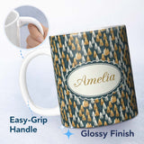 Personalized Custom Name Scandinavian Leaf Pattern in Mustard White and Blue Seamless Name 11oz Ceramic Coffee Tea Mug White Large Handle