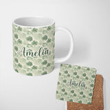 Personalized Custom Name Muted Tropical Monstera Leaves on Light Background Seamless Name 11oz Ceramic Coffee Tea Mug White Large Handle