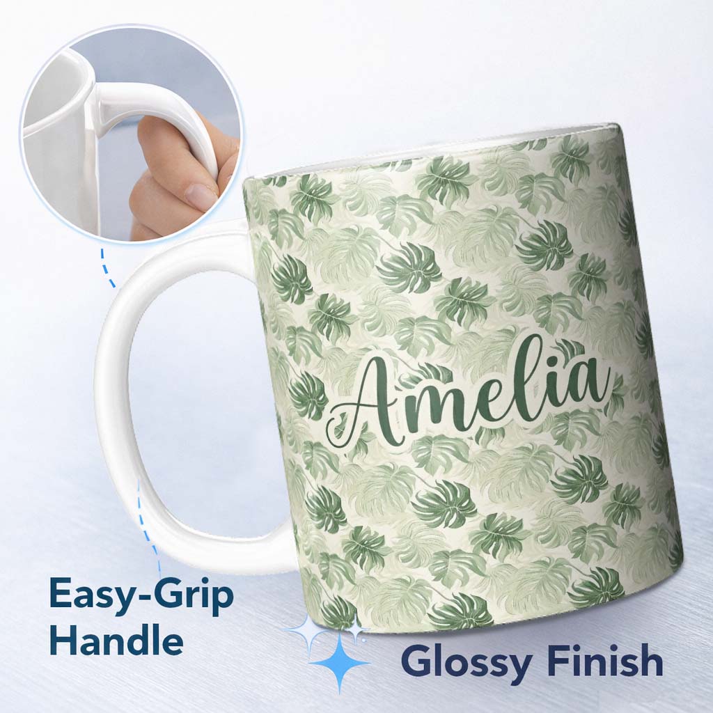 Personalized Custom Name Muted Tropical Monstera Leaves on Light Background Seamless Name 11oz Ceramic Coffee Tea Mug White Large Handle