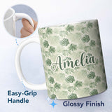 Personalized Custom Name Muted Tropical Monstera Leaves on Light Background Seamless Name 11oz Ceramic Coffee Tea Mug White Large Handle