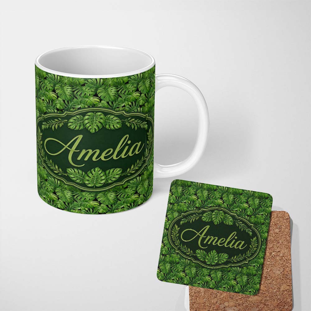 Personalized Custom Name Vibrant Green Monstera Leaves Jungle Seamless Pattern Name Cute 11oz Ceramic Coffee Tea Mug White Large Handle