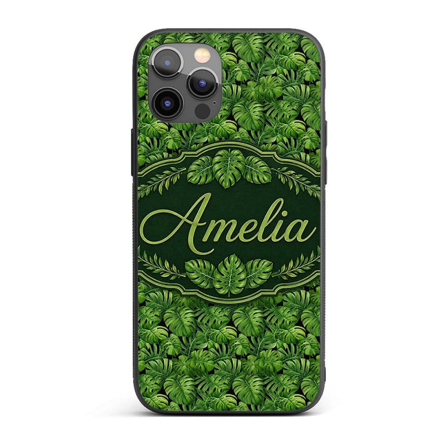 Vibrant Green Monstera Leaves Jungle Seamless Custom Name Protective Phone Case Mobile Cover Durable Everyday Smartphone Shock Resistant