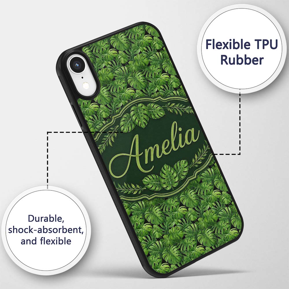 Vibrant Green Monstera Leaves Jungle Seamless Custom Name Protective Phone Case Mobile Cover Durable Everyday Smartphone Shock Resistant