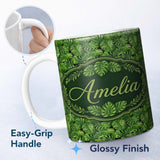 Personalized Custom Name Vibrant Green Monstera Leaves Jungle Seamless Pattern Name Cute 11oz Ceramic Coffee Tea Mug White Large Handle