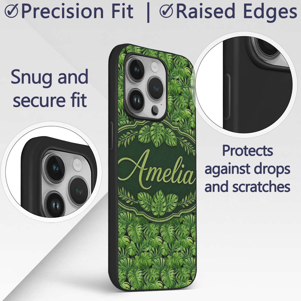 Vibrant Green Monstera Leaves Jungle Seamless Custom Name Protective Phone Case Mobile Cover Durable Everyday Smartphone Shock Resistant