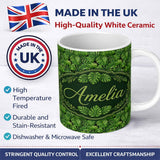 Personalized Custom Name Vibrant Green Monstera Leaves Jungle Seamless Pattern Name Cute 11oz Ceramic Coffee Tea Mug White Large Handle