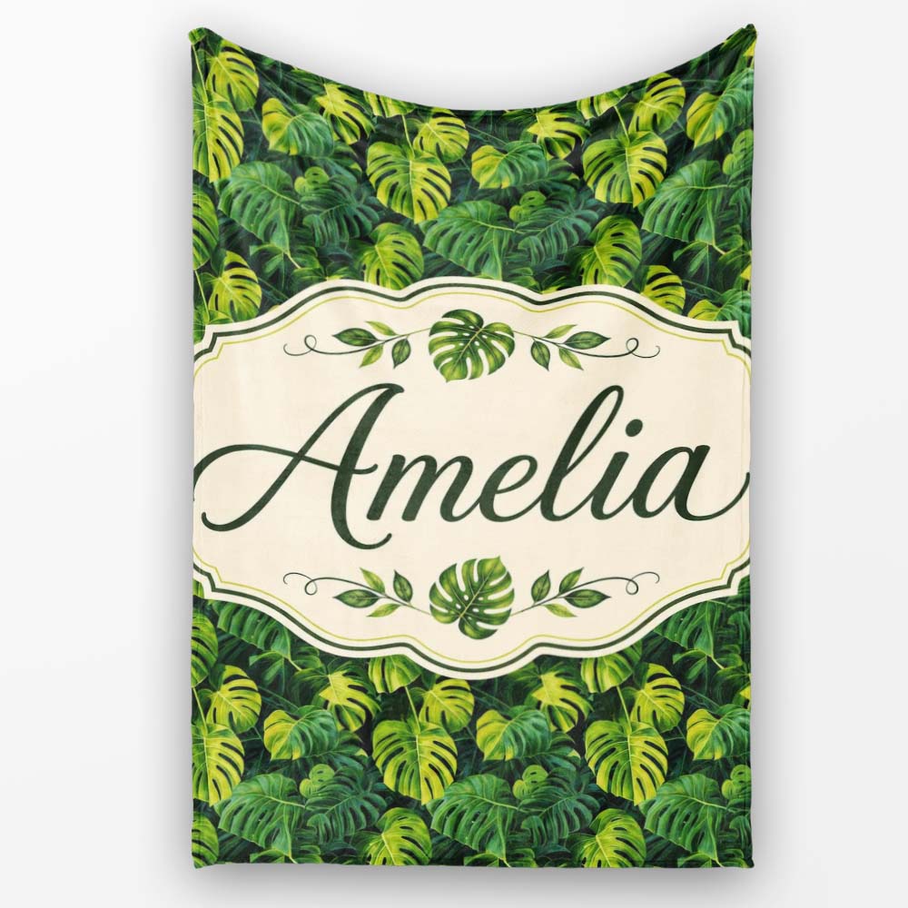 Lush Tropical Monstera Leaves on Dark Background Seamless Custom  Personalised Custom Name Super Soft Fleece Blanket Bed Sofa Throw