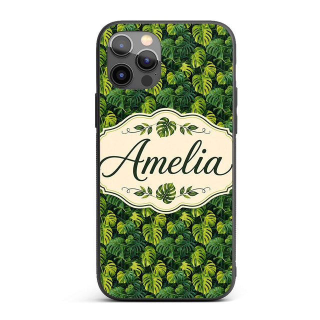 Lush Tropical Monstera Leaves on Dark Background Custom Name Protective Phone Case Mobile Cover Durable Everyday Smartphone Shock Resistant