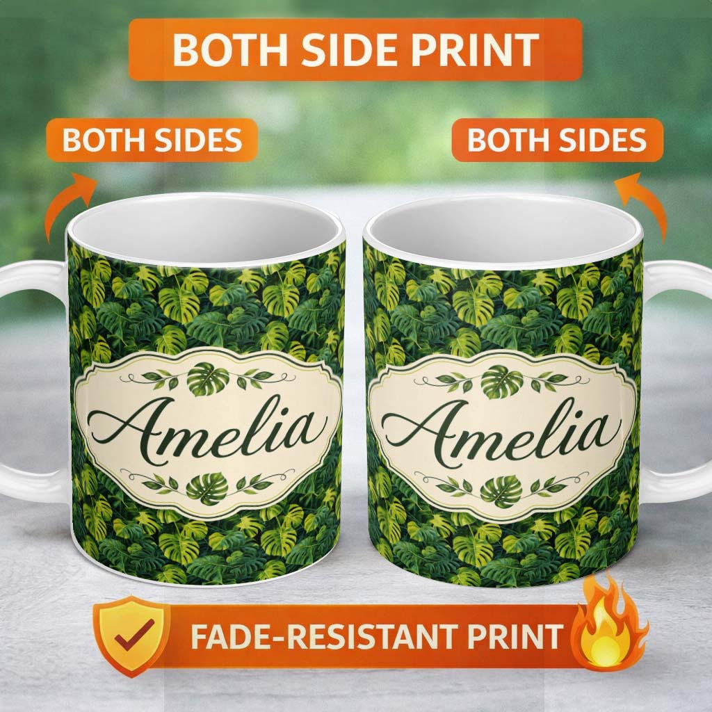 Personalized Custom Name Lush Tropical Monstera Leaves on Dark Background Seamless Custom 11oz Ceramic Coffee Tea Mug White Large Handle