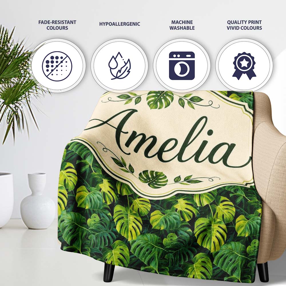 Lush Tropical Monstera Leaves on Dark Background Seamless Custom  Personalised Custom Name Super Soft Fleece Blanket Bed Sofa Throw