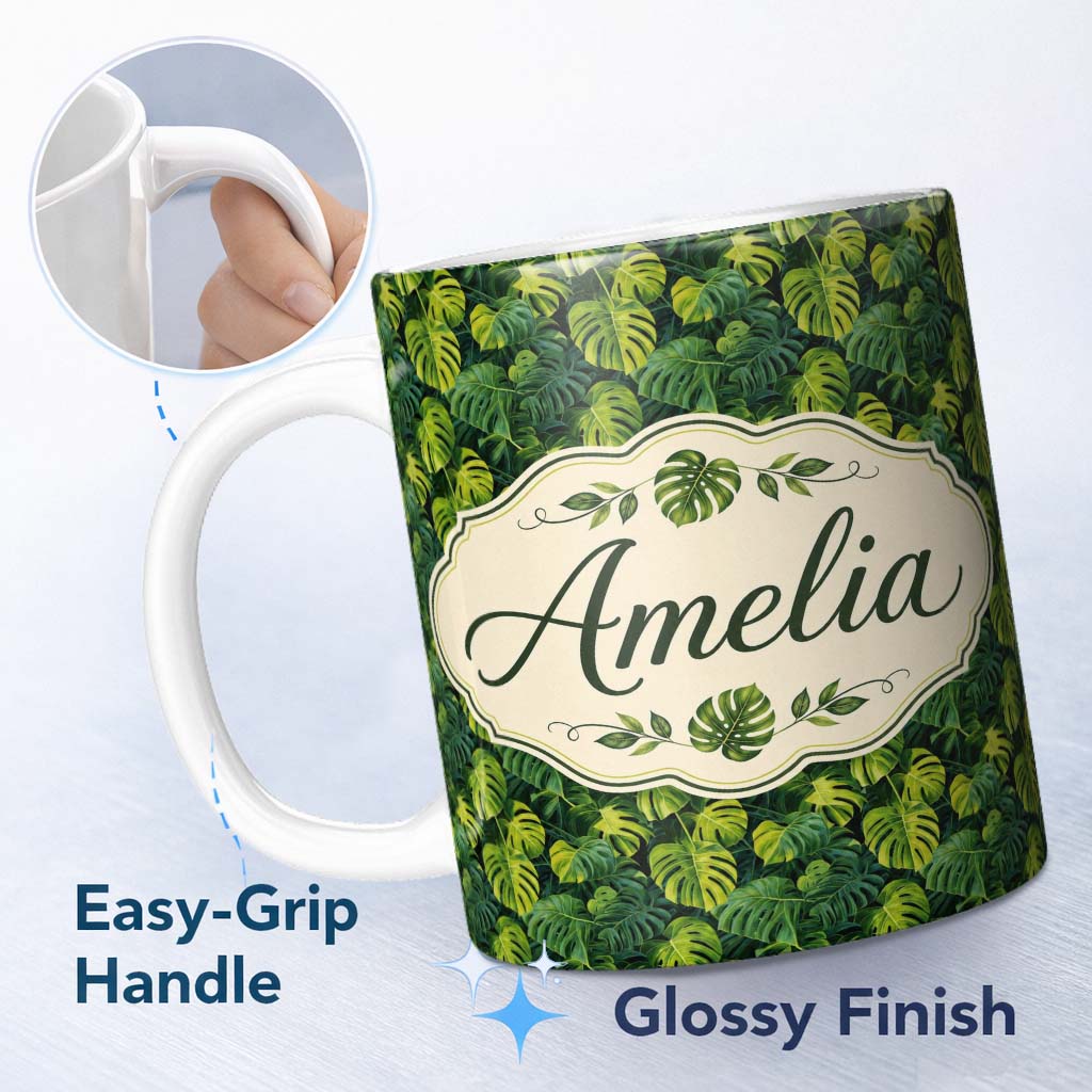 Personalized Custom Name Lush Tropical Monstera Leaves on Dark Background Seamless Custom 11oz Ceramic Coffee Tea Mug White Large Handle