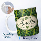 Personalized Custom Name Lush Tropical Monstera Leaves on Dark Background Seamless Custom 11oz Ceramic Coffee Tea Mug White Large Handle