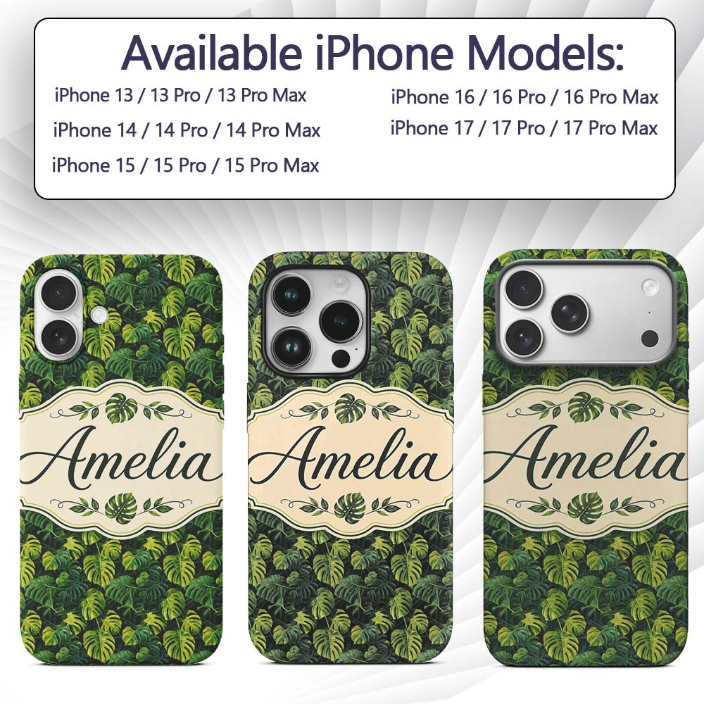 Lush Tropical Monstera Leaves on Dark Background Custom Name Protective Phone Case Mobile Cover Durable Everyday Smartphone Shock Resistant
