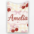 Cherry Bow Ribbon Cute Yellow Gingham Picnic Check Seamless Pattern  Personalised Custom Name Super Soft Fleece Blanket Bed Sofa Throw