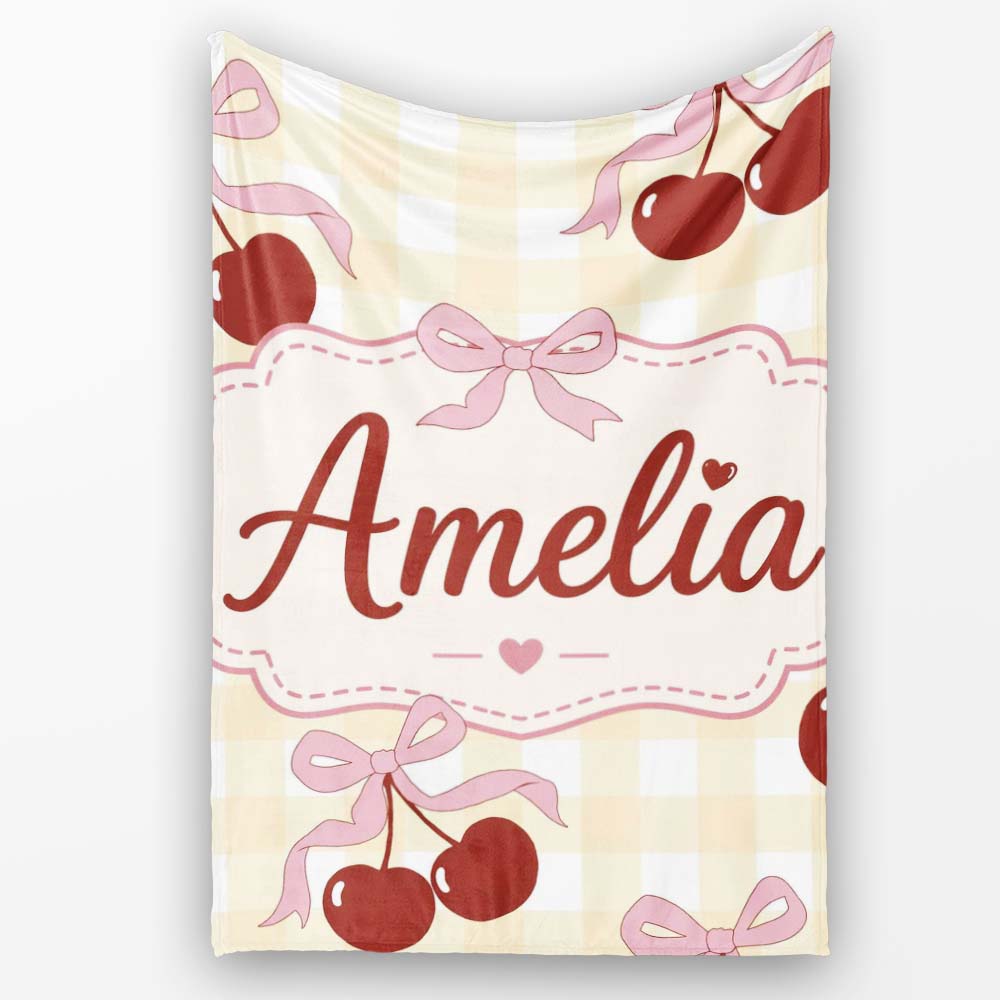 Cherry Bow Ribbon Cute Yellow Gingham Picnic Check Seamless Pattern  Personalised Custom Name Super Soft Fleece Blanket Bed Sofa Throw