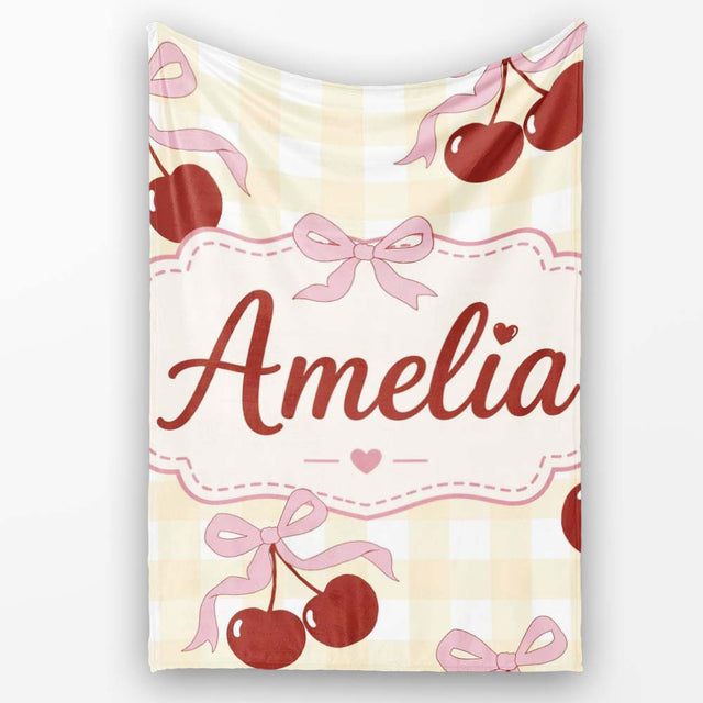 Cherry Bow Ribbon Cute Yellow Gingham Picnic Check Seamless Pattern  Personalised Custom Name Super Soft Fleece Blanket Bed Sofa Throw