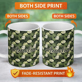 Personalized Custom Name Stylized Monstera Leaf Pattern in Green Tones Seamless Name Cute 11oz Ceramic Coffee Tea Mug White Large Handle