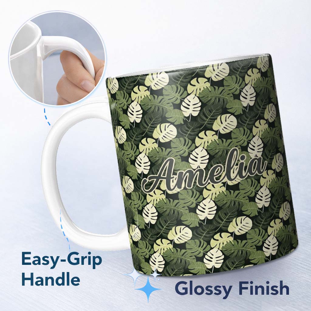 Personalized Custom Name Stylized Monstera Leaf Pattern in Green Tones Seamless Name Cute 11oz Ceramic Coffee Tea Mug White Large Handle