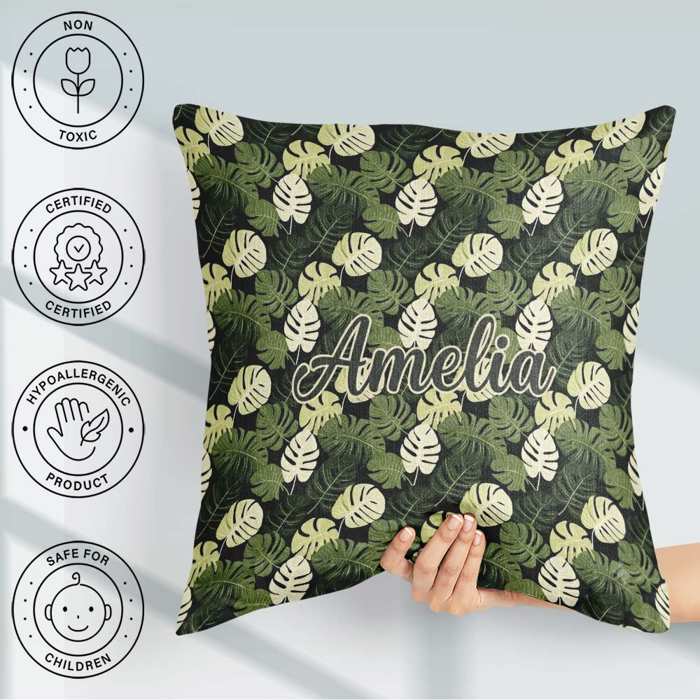 Custom Name Stylized Monstera Leaf in Green Tones Seamless Name Square Filled Cushion Throw Pillow Sofa Bed Home Decor Zip Washable UK Made
