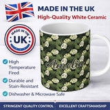 Personalized Custom Name Stylized Monstera Leaf Pattern in Green Tones Seamless Name Cute 11oz Ceramic Coffee Tea Mug White Large Handle