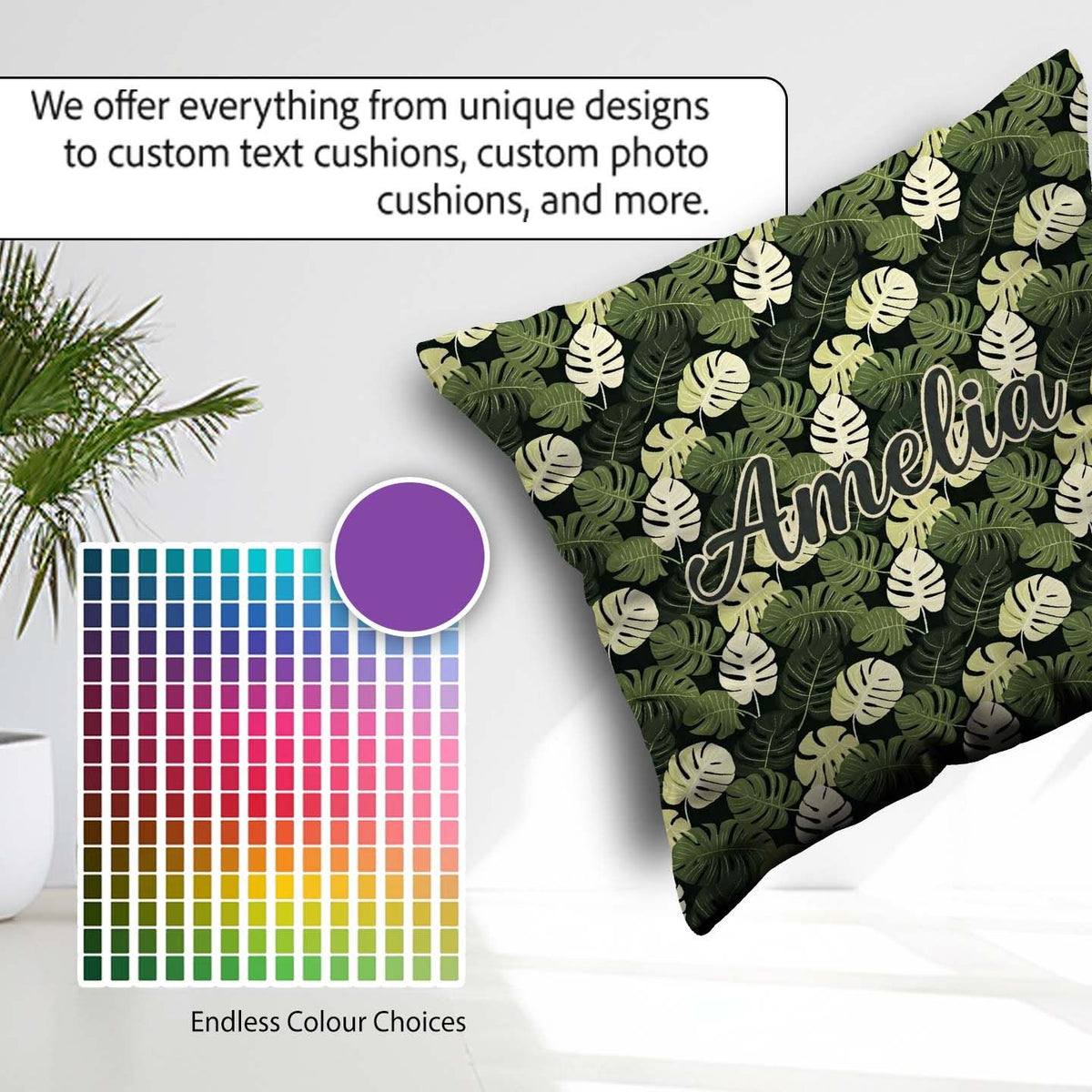 Custom Name Stylized Monstera Leaf in Green Tones Seamless Name Square Filled Cushion Throw Pillow Sofa Bed Home Decor Zip Washable UK Made