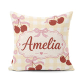 Custom Name Cherry Bow Ribbon Cute Yellow Gingham Check Seamless Square Filled Cushion Throw Pillow Sofa Bed Home Decor Zip Washable UK Made