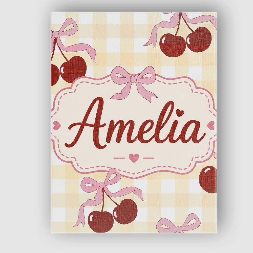 Personalised Name Cherry Bow Ribbon Cute Yellow Gingham Picnic Check Custom  Home Canvas Wall Art Print Decor Picture Ready to Hang