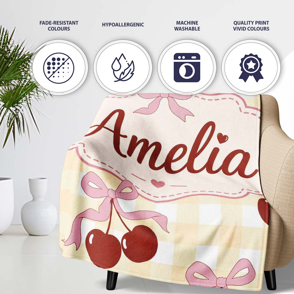 Cherry Bow Ribbon Cute Yellow Gingham Picnic Check Seamless Pattern  Personalised Custom Name Super Soft Fleece Blanket Bed Sofa Throw