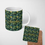 Personalized Custom Name Dense Tropical Monstera Leaves in Deep Green Tones Seamless Pattern 11oz Ceramic Coffee Tea Mug White Large Handle